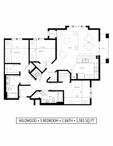 Floor plan for 3 beds, 2 baths, 1383 sqft
